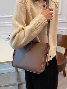 Bolso de hombro y bandolera de gran capacidad, de alta calidad y con diseño de moda. Bolso de cubo versátil y casual para ir al trabajo con correa ajustable - Café - Ver 8
