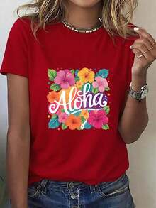 ComfortableCamisetas Ligeras con Estampados: Una interesante camiseta de manga corta con un estampado floral inspirado en la cultura hawaiana. Es una camiseta de mujer moderna y casual con un diseño elegante y único, cómoda y adecuada como regalo. Esta camiseta cómoda y transpirable es 100% de algodón y es una opción popular.Fashion All-match Women's Short Sleeve T-shirt, Basic Style for Inner & Outer Wear - Rojo - Ver 1