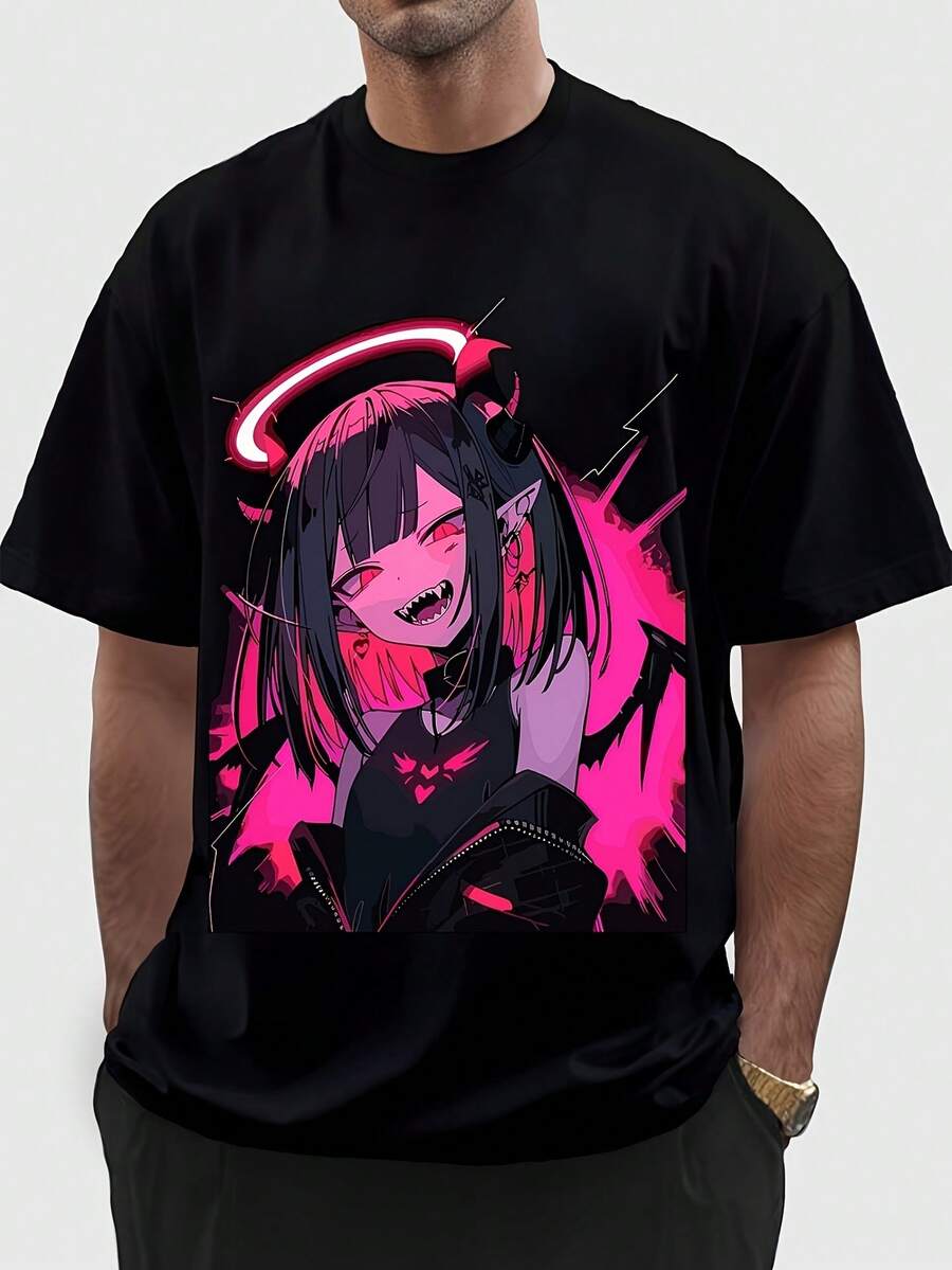 Camiseta con estampado gráfico, manga corta y cuello redondo, top casual para verano y primavera, ropa de mujer - Negro - Ver 1