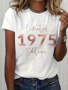1 camiseta casual de manga corta y cuello redondo para mujer, con un estampado de edición limitada que conmemora la celebración del 70º cumpleaños de 1975, perfecta para primavera y otoño, 180g 100% algodón. - Blanco - Ver 2