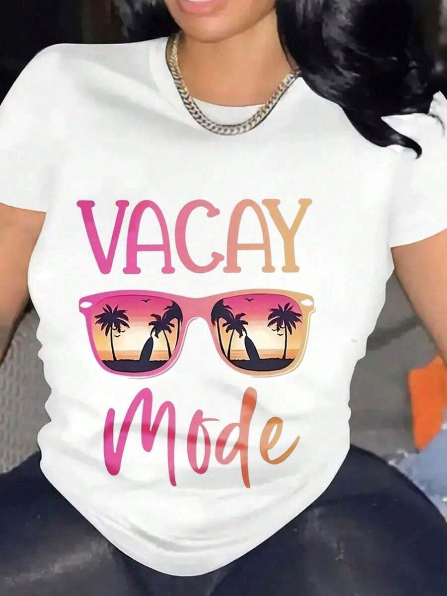 Gafas de Sol TrendyVacay Mode, Camiseta con Diseño de Palmeras y Atardecer, Vacaciones de Verano, Uso Diario - Blanco - Ver 1