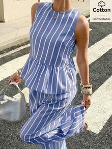 Conjunto de 2 piezas de top sin mangas con volantes en el bajo y pantalones, estilo casual de verano con rayas para mujer - Azul - Ver 6