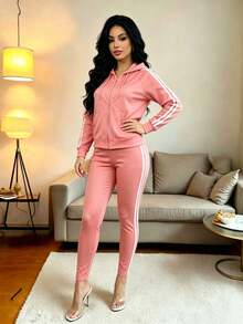 Conjunto de 3 piezas de ropa deportiva para mujer que incluye: Cárdigan con cremallera de punto negro + Top de tirantes + Pantalones - Rosa - Ver 4