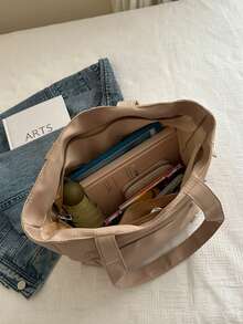 Fashionable Versatile Solid Color New Tote Bag, Casual Minimalist Textured Contrast Color Shoulder Handbag - Khaki - View 4