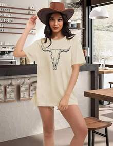 Camiseta de Mujer con Estampado LETSEE, Manga Corta, Holgada, Casual, Bonita, Estilo Bohemio Retro, Top de Verano - Albaricoque 1 - Ver 4