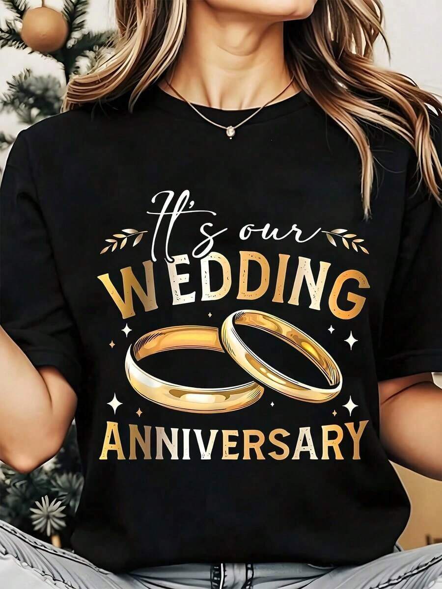 Es Nuestro Aniversario de Bodas, Camiseta de Cuello Redondo con Estampado de Anillos para Mujer, para Celebración de Parejas, Aniversario de Bodas, 220g, Playera Holgada para Mujer - Negro - Ver 1