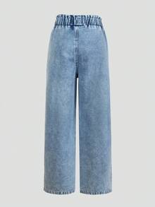 Tween Girls' Loose Fit Straight Leg Blue Denim Jeans With Bow Embroidery & Heart Applique, Casual Pants For Tween Girl - Blue - View 6