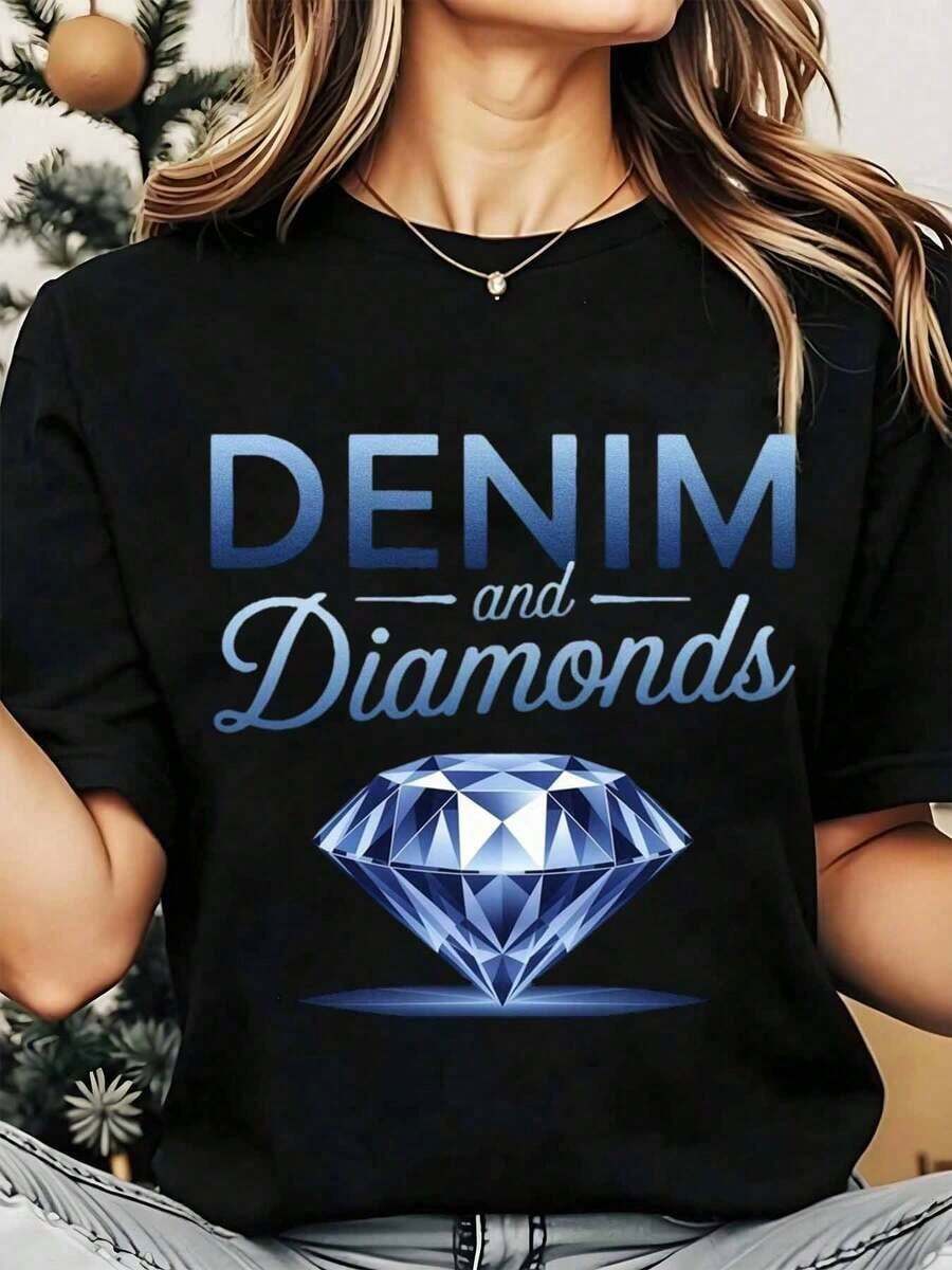 Camiseta de Cuello Redondo para Mujer, Estampado de Mezclilla y Diamantes, Camiseta Gráfica, Ropa Casual para Atuendos Diarios, Regalo para Fiestas, 250g, Playera Holgada para Mujer - Negro - Ver 1