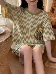 2pcs Women's Pajama Set, Cartoon Animal Striped Print Pullover Short Sleeve Top And Shorts, Easy Care Fabric - Green - View 8