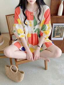YUXIN ¡Artículo imprescindible para las vacaciones de primavera/verano! Blusa holgada tipo babydoll para mujer, con estampados coloridos y puños con volantes únicos, diseño de manga 3/4 para un uso talla grande fresco, ¡a la moda y cómoda! - Rojo y amarillo - Ver 7