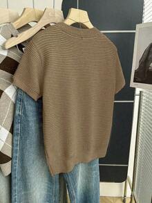 2026Franclia Nuevo suéter de punto casual con lazo dulce y lindo en color rosa para mujer, blusa de lazo rosa bebé de manga corta para primavera/verano, blusas de punto con lazo lindas para mujer - Camel - Ver 2