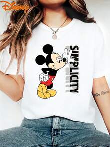 Disney Plus Size - Plus Size - Genuine Women'S Summer Clothing Mickey Cartoon Character And SIMPLICITY Letter Pattern Summer New Short Sleeve T-Shirt Top Women'S Casual Fashion Printed T-Shirt Women - White - View 6
