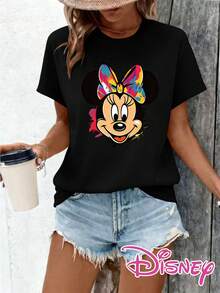 Plus Size, Authentic Disney Women's Summer Apparel, Minnie Mouse Colorful Pattern New Summer Short-Sleeve T-Shirt Top, Women's Casual Fashion Printed Tee - 黑色 - 查看 1