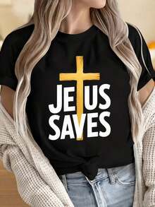 Camisetas para Mujeres y Hombres con Cuello Redondo y Mangas Cortas, Camiseta Cristiana con Cruz "Jesus Saves", Top Negro con Declaración de Fe Religiosa para Mujeres, Ropa de Iglesia, Prendas con Mensaje Gospel, Estampados Divertidos Adecuados para Fiestas de Navidad, Actividades Deportivas, Fiestas de Vacaciones, Salidas, Deportes y Otros Regalos Festivos. - Negro - Ver 1