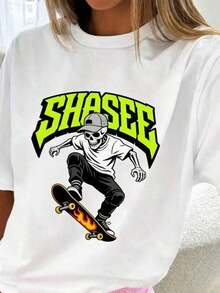 ComfortableCamiseta gráfica de estilo retro para mujer con diseño de esqueleto haciendo trucos de skate - Diseño único de calavera con letras 'SHASEE' en verde neón - Camiseta de verano cómoda y transpirable, perfecta para los entusiastas del skateboarding y urbana, ideal para uso diario y para regalar a amigos y familiares. Conjunto no incluido, 1 camiseta. Camiseta de manga corta para mujer, estilo básico, versátil para uso interior y exterior. - Blanco - Ver 1