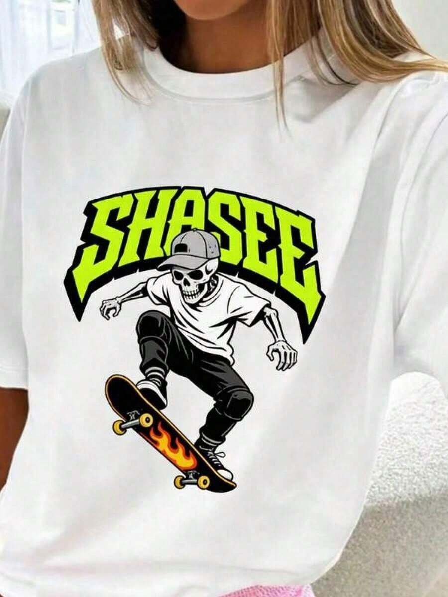 ComfortableCamiseta gráfica de estilo retro para mujer con diseño de esqueleto haciendo trucos de skate - Diseño único de calavera con letras 'SHASEE' en verde neón - Camiseta de verano cómoda y transpirable, perfecta para los entusiastas del skateboarding y urbana, ideal para uso diario y para regalar a amigos y familiares. Conjunto no incluido, 1 camiseta. Camiseta de manga corta para mujer, estilo básico, versátil para uso interior y exterior. - Blanco - Ver 1