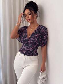 Blusa sexy con mangas de murciélago plisadas y ajustadas - Azul marino - Ver 4