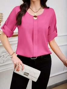 Blusa de mujer de manga enrollada sólida - Rosa Fucsia - Ver 7