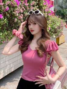 Camiseta de punto de manga corta delgada, nueva llegada de verano para mujer, ajustada y estilizadora, color rosa - Rosa - Ver 2