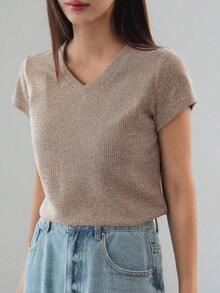 -Less Camiseta casual de manga corta con cuello en V de unicolor, estilo "Old Money", ropa de trabajo de verano para mujer de negocios casuales - Caqui - Ver 1