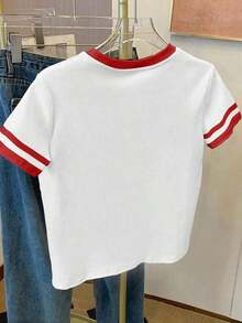 Camiseta de mujer 100% algodón con estampado gráfico de corazón y amor, cuello redondo, contraste de color blanco y negro, bloques de color y rayas - Multicolor 10 - Ver 2