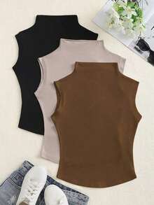 Top sin mangas de unicolor con cuello, uso casual diario para mujer - Multicolor 12 - Ver 1