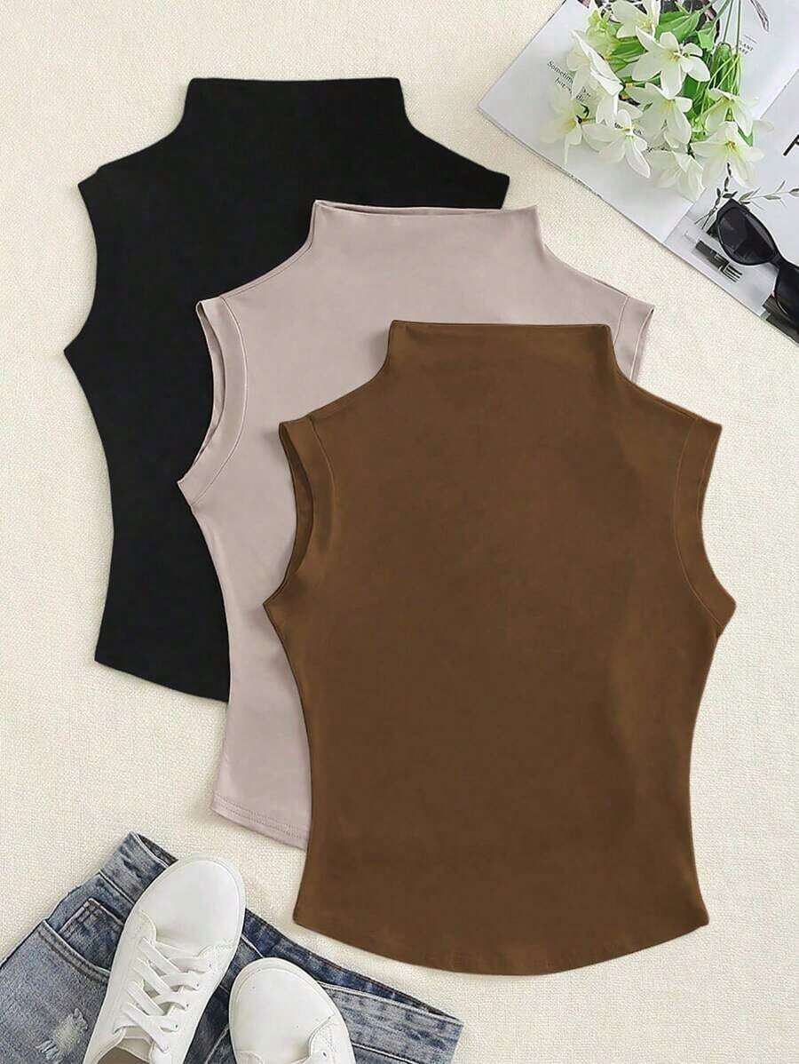 Top sin mangas de unicolor con cuello, uso casual diario para mujer - Multicolor 12 - Ver 1