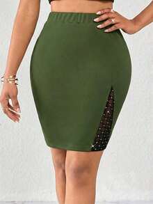 Lady Falda elegante de línea A con parches de malla decorados con diamante de imitación de unicolor para mujer - Verde Oliva - Ver 3