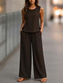 Women's Linen 2 Pieces Set, Casual Solid Color Round Neck Vest And Wide Leg Pants, Summer - Dark Brown - View 6