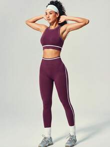 UONNOU Bộ đồ thể thao 2 mảnh không đường may dành cho nữ - Áo ngực thể thao phối màu + Quần yoga cạp cao nâng đỡ, phù hợp cho yoga, thể dục và chạy bộ. - Màu tím - Xem 11