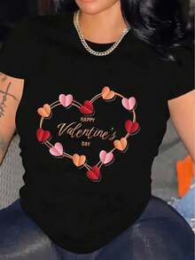 Camiseta de Talla para Mujer con Estampado de Corazones para el Día de San Valentín - Diseño de Corazones Rosados y Dorados con Texto Feliz Día de San Valentín - Prenda Negra Casual para Uso Diario y Día de San Valentín - Lavable aáquina, Regalo Romántico, Regalo de San Valentín para Pareja, Diseño Divertido, Ajuste Cómodo - Camiseta Unisex de Algodón de Manga Corta y Cuello Redondo, Estilo Vintage Urbano y Holgado - Negro - Ver 5