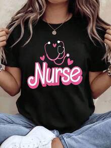 Nurse T-Shirt With Stethoscope And Hearts Design For Nurses And Healthcare Workers, Gift For Nurses Day Or Valentine's Day, 220g - Urban Vintage Style, Unisex, Cotton, Short Sleeve, Crew Neck, 100% Cotton - 黑色 - 查看 7