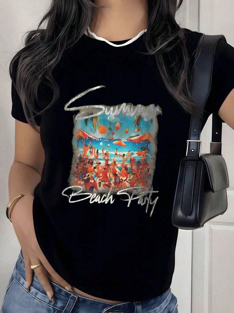 Camiseta con Estampado Gráfico para Fiesta en la Playa de Verano, 180g, 1 Pieza, Estilo Casual para Mujer, 100% Algodón, Estilo Vintage de Surf - Negro - Ver 1