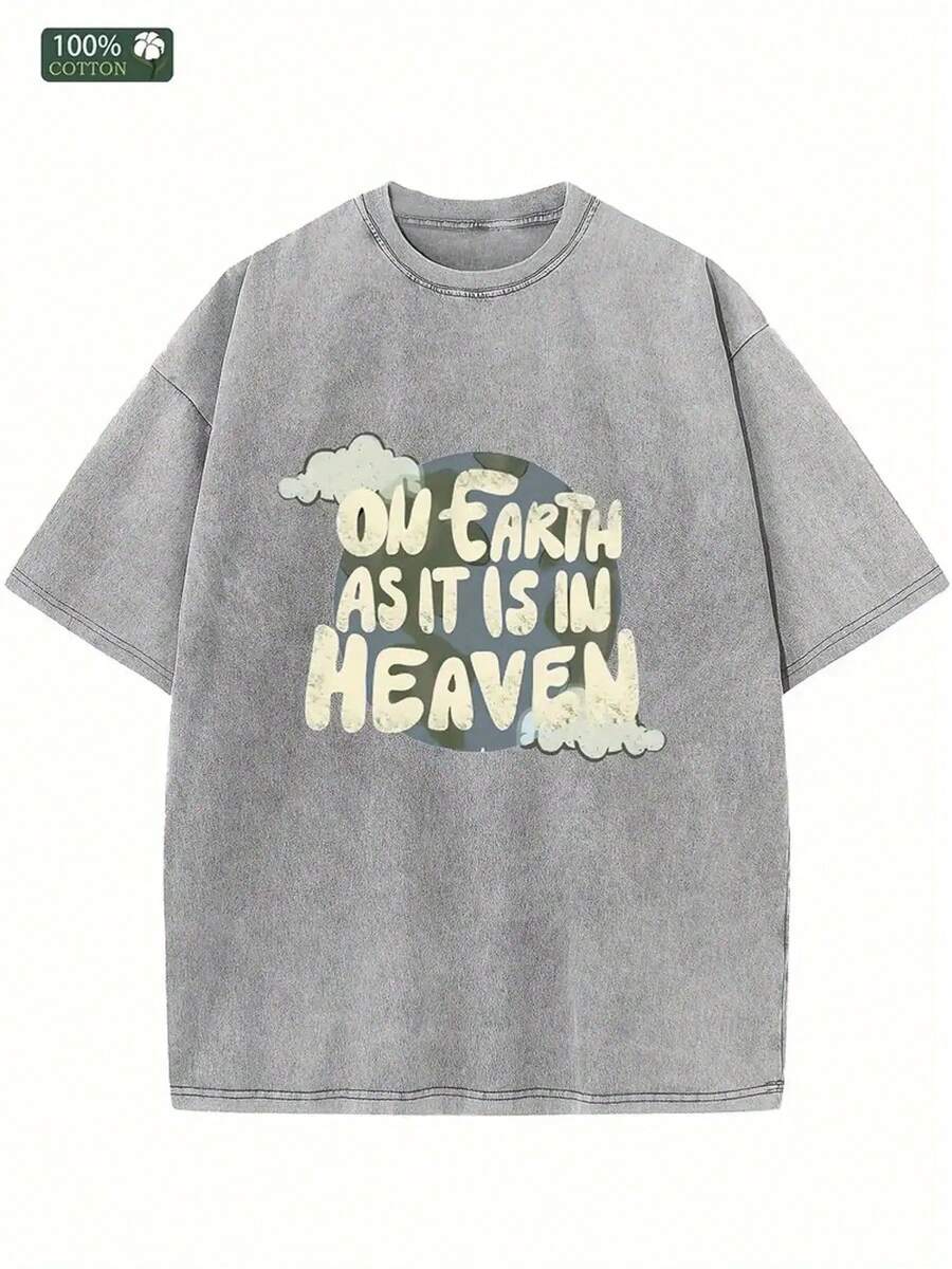 230g Heavyweight Cotton T-Shirt For Men And Women With "On Earth As In Heaven" Pattern Print, Casual Urban Style In Brown, Loose Round Neck Design Suitable For All Seasons, Ideal For Both Daily Wear And Special Occasions, A Fashionable Choice For Outdoor Activities, Soft Fabric, Modern Print, Excellent Gift Choice. - 灰色 - 查看 1