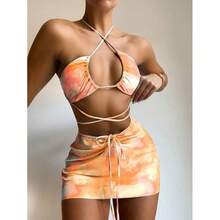 Nuevo bikini sexy de dos piezas multicolor con estampado de mármol, traje de baño de tres piezas. - rayas rojas - Ver 5