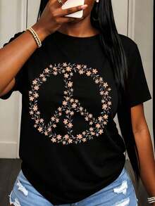 Camiseta Casual de Mujer con Estampado Floral y Símbolo de la Paz, Ropa de Verano para Uso Diario - Negro - Ver 6