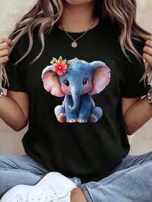 100% Cotton, Unisex Women's T-Shirt With Blue Elephant And Flower Print, Round Neck, Perfect For Birthday Celebrations, Daily Wear, Casual Parties And As A Gift Option. - 黑色 - 查看 7