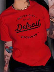 ComfortableTexto conmemorativo que celebra la herencia cultural e industrial de Motor City establecida en 1701 destacando orgullo local y espíritu urbano camiseta de mujer 100% algodón 220gFashion All-match Women's Short Sleeve T-shirt, Basic Style for Inner & Outer Wear - Rojo - Ver 9