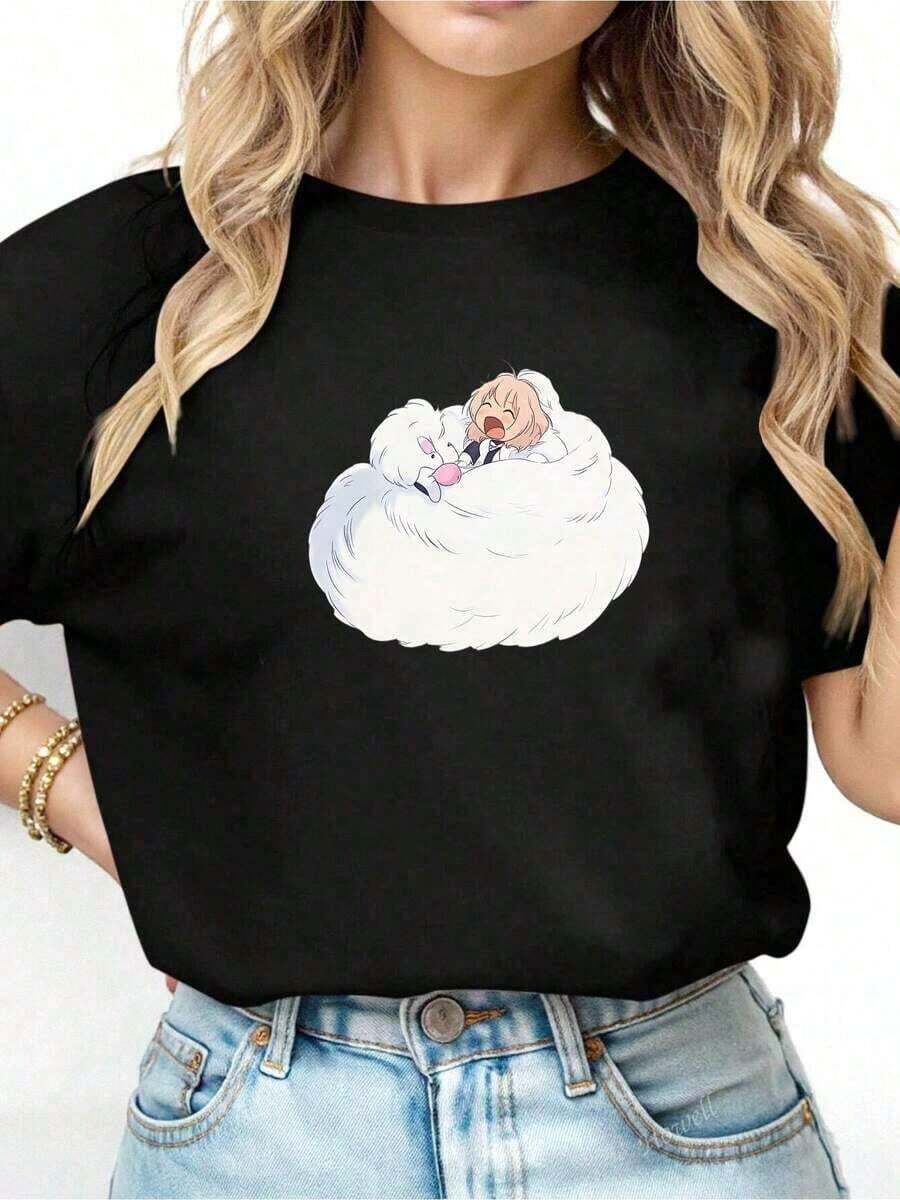 Camiseta con estampado gráfico de dibujos animados, estilo anime japonés Harajuku, camiseta de moda casual de manga corta, talla grande para mujer - 100% algodón.Adecuada para un uso casual versátil en primavera, verano y otoño. |   Diseño exquisito |   Suelto y cómodo |   Fácil de combinar | - Negro 4 - Ver 1