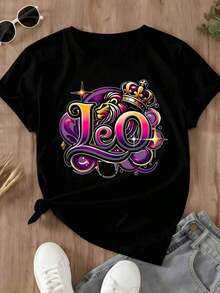 Camiseta de Mujer con Diseño Gráfico del Signo Zodiacal Leo y Corona, Ropa Casual para Uso Diario, Top de Moda, Opción de Atuendo de Verano - Negro - Ver 2