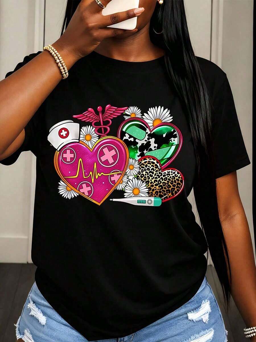 Camiseta de Mujer con Estampado de Corazón Médico y Flores, Ropa Casual de Verano - Negro - Ver 1