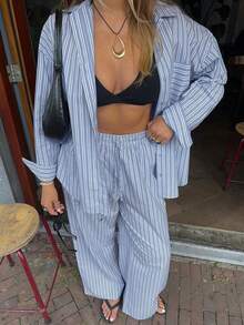 Vellofy Women's Bohemian Style Striped 2 Pieces Set, Long Sleeve Lapel Loose Top With Drawstring Casual Pants - Blue - View 7