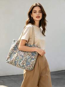 Bolso de hombro tipo tote de gran capacidad con estampado floral y cierre con cremallera, adecuado para la oficina, la escuela, el transporte o el uso diario casual. - Multicolor 4 - Ver 6