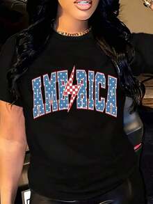Camiseta Casual de Mujer, Corte Holgado, Cuello Redondo, Manga Corta, Estampado de la Bandera Americana con Gráfico de Rayo, para Uso Diario y Eventos Patrióticos. - Negro - Ver 7