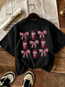 Camisetas de moda nuevasGirls' Leopard Print Bow & Soda Pattern Round Neck Short Sleeve T-Shirt, Comfortable New Spring/Summer Tween Girl Clothing,Camisas para mujer, la opción perfecta para los atuendos del Día de San Valentín,camisetas gráficas divertidas para hombre, camisetas gráficas de estilo coreano,camisas para niñas, camisetas para niños. - Negro - Ver 6