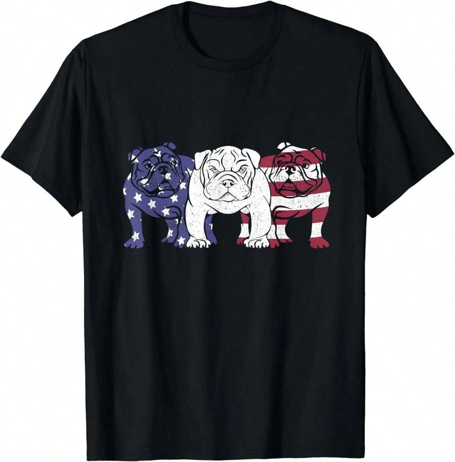 Camiseta Única para Amantes de Bulldog Inglés con Bandera Americana Retro - Negro - Ver 1