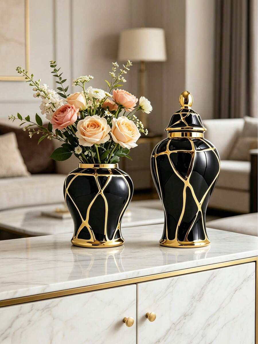 European Style Light Luxury Creative Ceramic Electroplating Black Flower Vase For Home Living Room Decoration, Flower Pot,Dining Table, Office Desk, Desktop Decoration And Arrangement