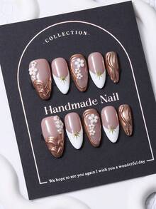 10片手工杏仁形美甲貼紙，Y2K風格淡粉色，3D手繪花卉漸層珍珠設計。包含1片果凍膠和1片美甲銼條。適用於日常與派對美甲藝術用品。 - 淺粉色 - 查看 3