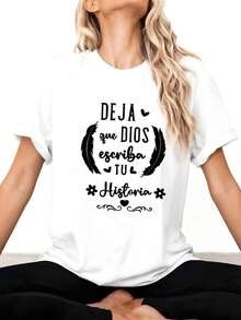 1 camiseta inspiradora para mujer con cita en español - Deja que Dios escriba tu historia - Cuello redondo casual, manga corta, ligera, moda primavera-verano, idea de regalo espiritual, inspiración, 180g, 100% algodón. - Negro 2 - Ver 8