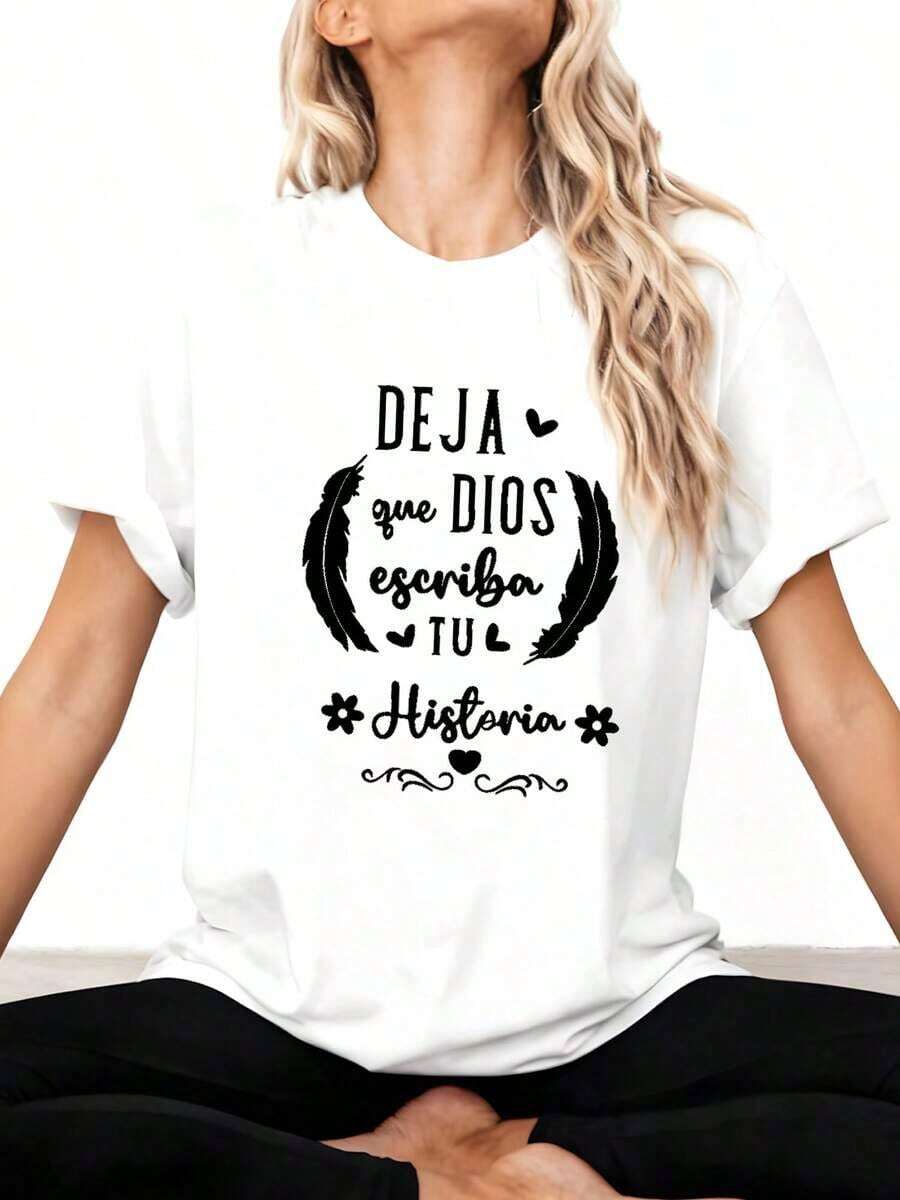 1 Inspirational T-Shirt For Women With Quote In Spanish - Let God Write Your Story - Casual Round Neck, Short Sleeve, Lightweight, Spring-Summer Fashion, Spiritual Gift Idea, Inspiration, 180g, 100% Cotton. - 白色 3 - 查看 1